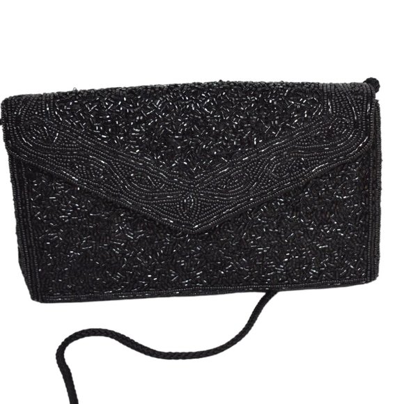 Carole M Studio Clutch Vintage Shoulder Long Strap Black Beaded Cocktail - Picture 1 of 8